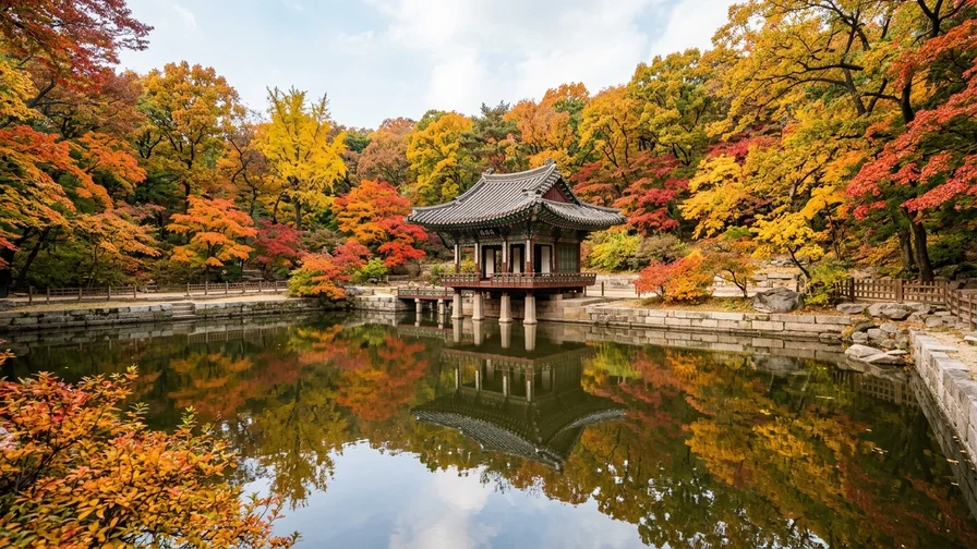 가을 단풍이 물든 창덕궁 후원의 부용정과 연못 풍경