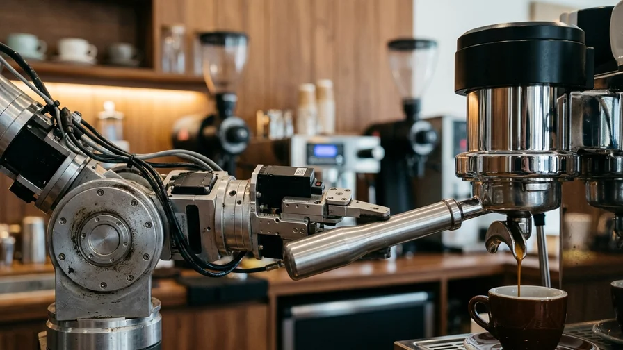 A robot arm precisely handling an espresso portafilter