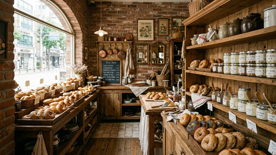 The vintage interior and bagel display case at London Bagel Museum