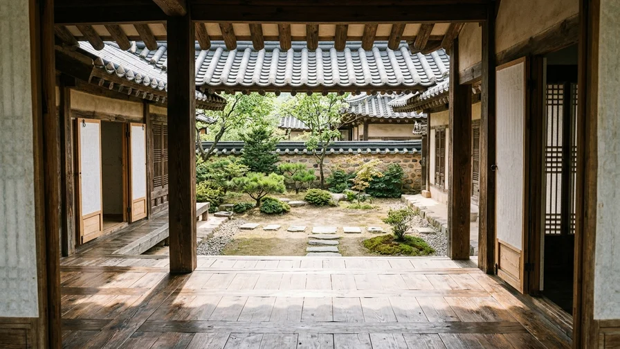 한국 전통 가옥의 대청마루에서 바라본 고요한 마당 풍경