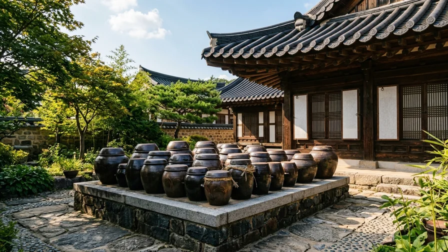 Traditional earthenware jars clustered together on a platform beneath the eaves of a tiled roof