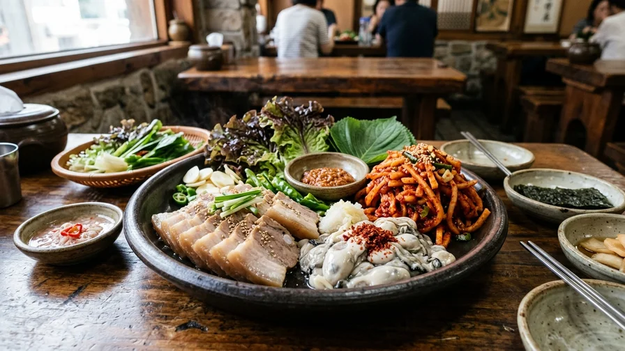 신선한 굴과 무생채 김치가 곁들여진 종로식 보쌈 한 접시