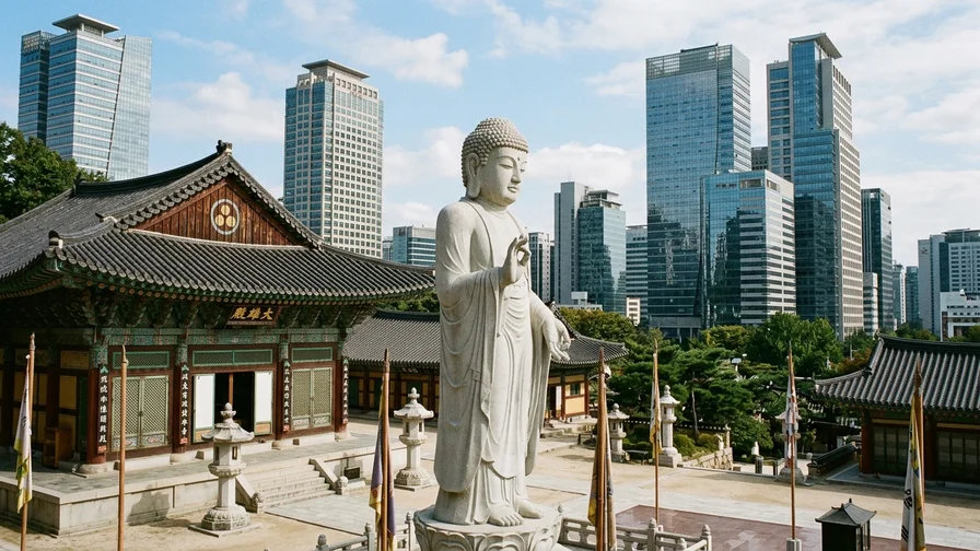 The giant Maitreya Buddha statue standing at Bongeunsa against a backdrop of the skyscraper forest in Gangnam, Seoul