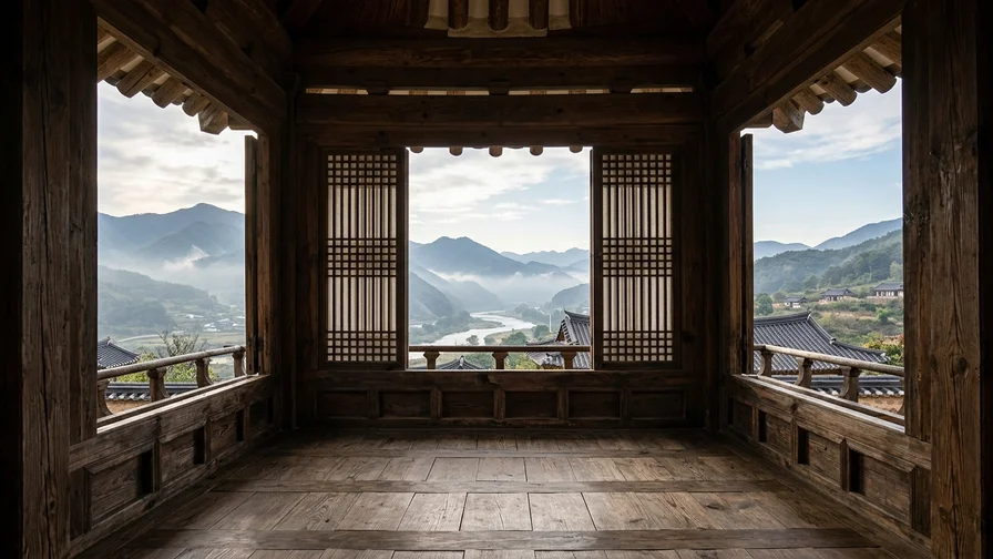 Distant mountains seen through the window of a traditional pavilion, the essence of the borrowed-scenery technique
