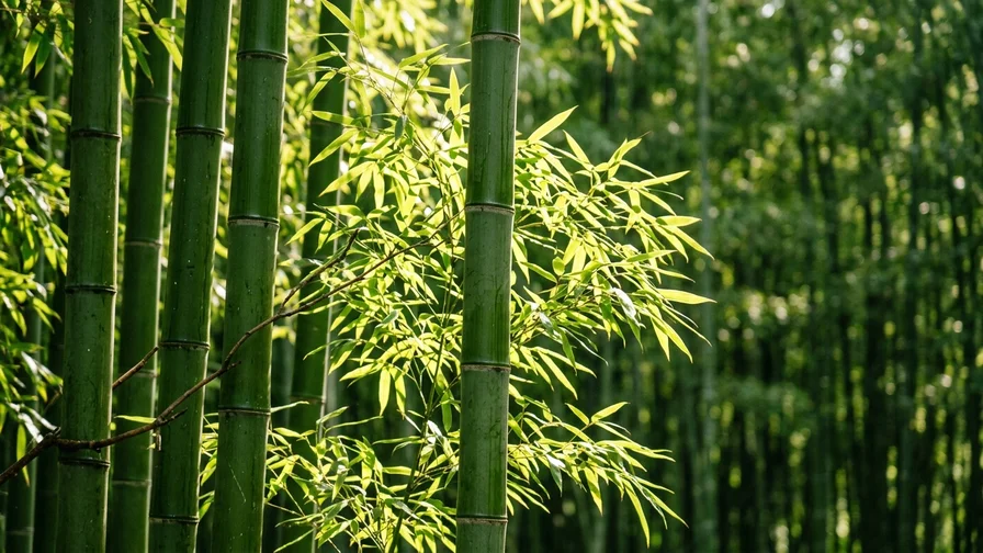 A close-up of the straight bamboo stalks and green leaves in Damyang's bamboo forest