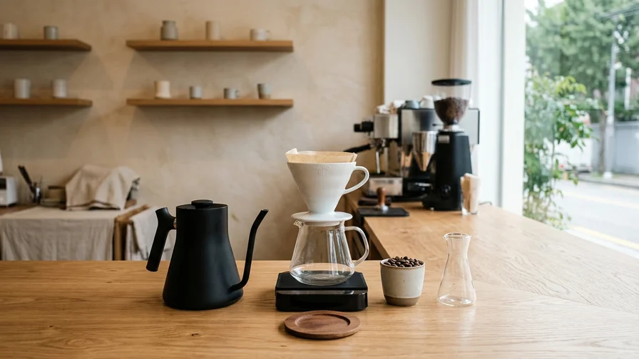 A cafe bar with a professional barista's hand-drip tools neatly arranged