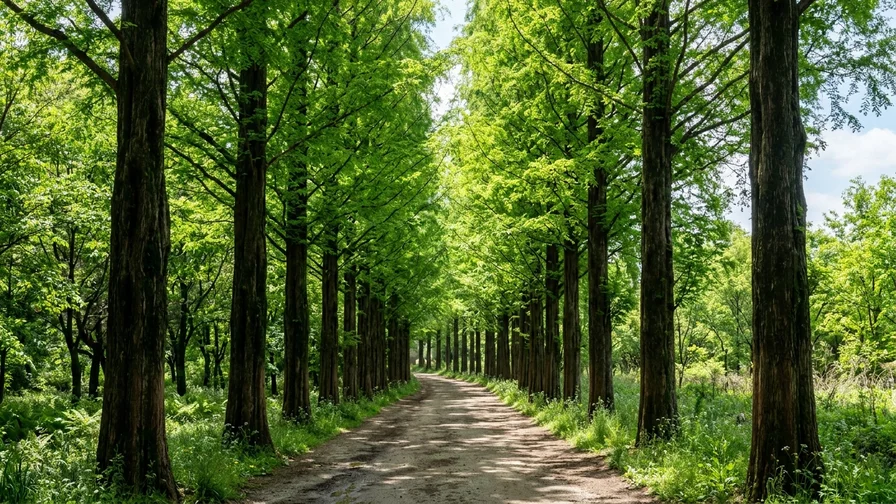 The tranquil scenery of Damyang's Metasequoia Road lush with May greenery