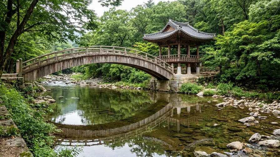 송광사 계곡을 가로지르는 아치형 다리 삼청교와 우화각의 풍경