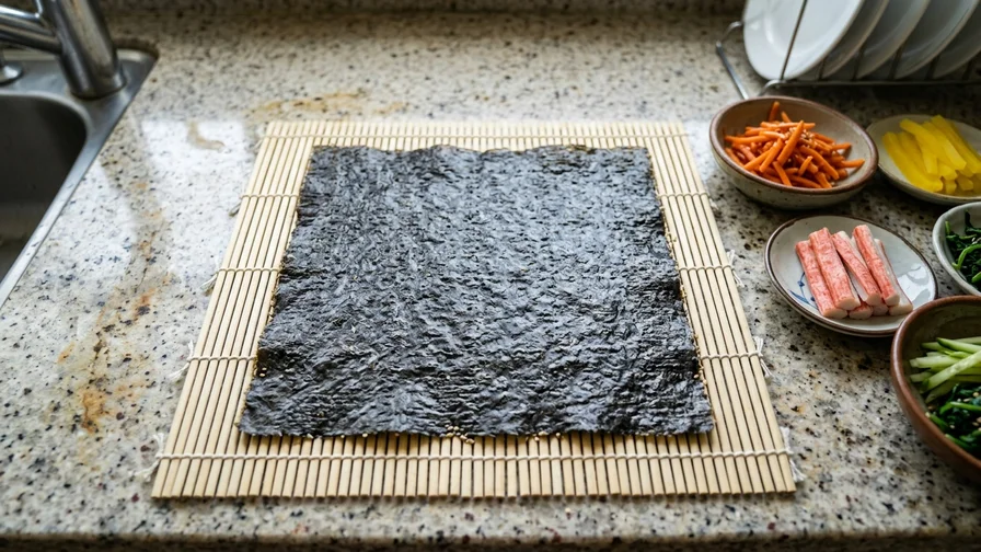 김밥을 만들기 위해 김발 위에 넓게 펼쳐진 마른김 한 장