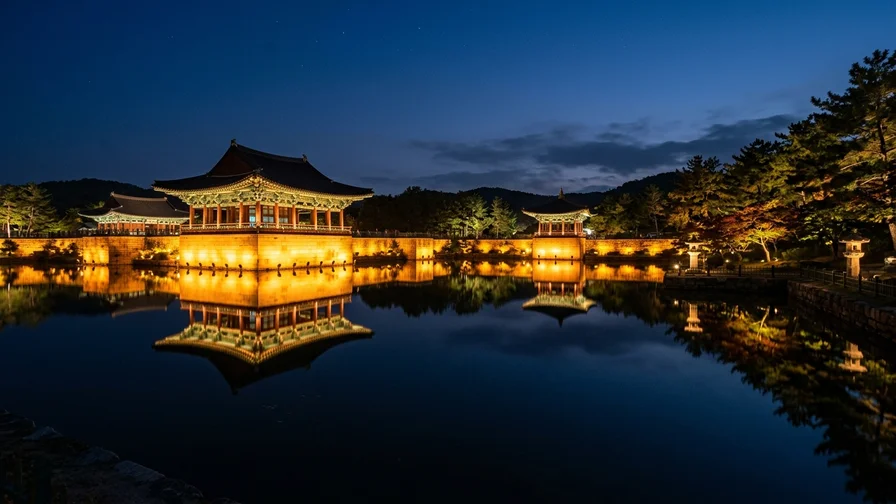 The gorgeous, beautiful night view reflected in the pond at Donggung Palace and Wolji