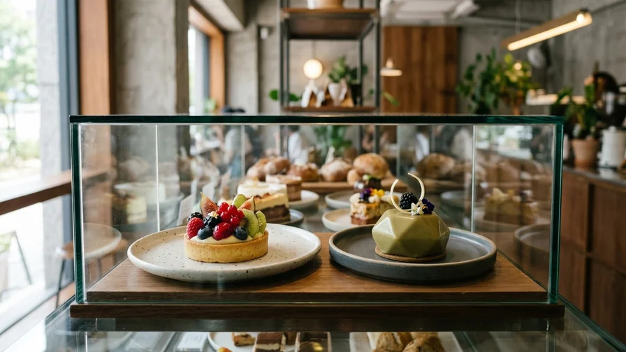 Tempting dessert cakes on display at a trendy cafe in Korea