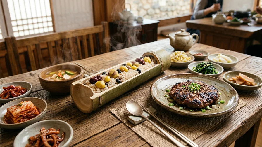 A neatly set table with steaming bamboo-tube rice and Damyang tteokgalbi