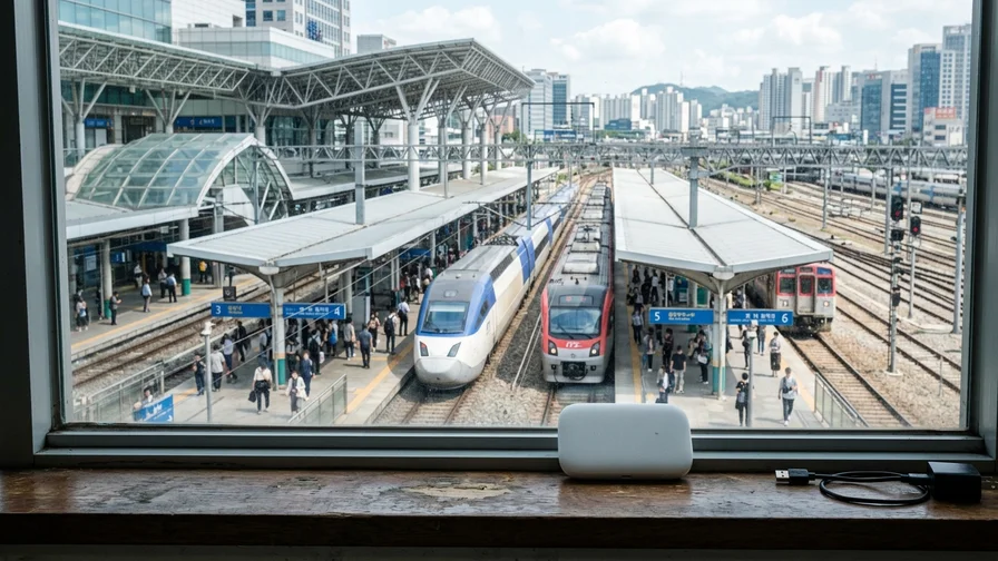 Portable pocket WiFi device sitting on a windowsill at a Korean train station