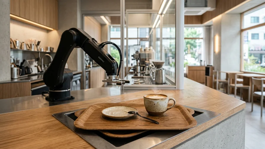A freshly made cup of hot coffee placed by the robot in the pickup area