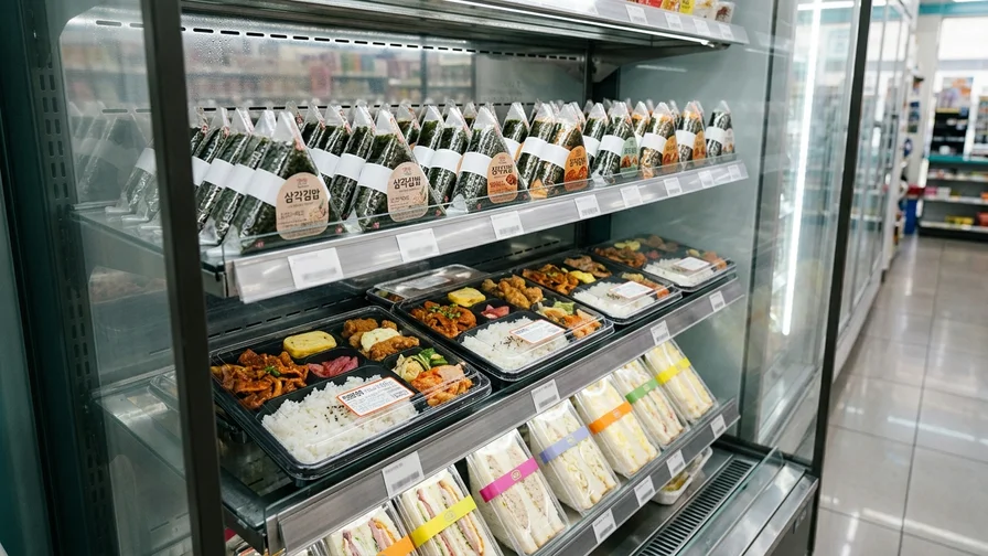 Triangle kimbap and boxed sandwiches neatly arranged on a refrigerated convenience store shelf