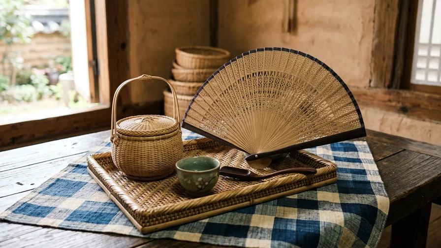 A variety of delicately crafted bamboo items including fans, baskets, and mats