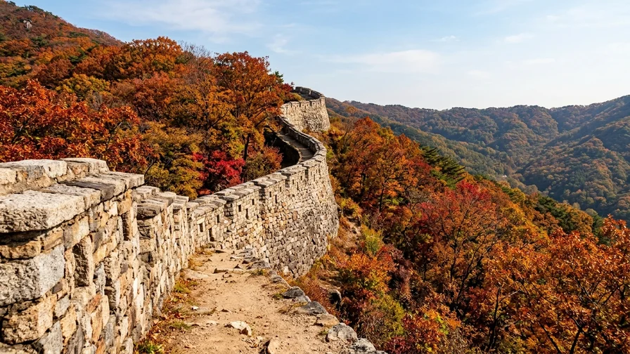 The sturdy walls of Namhansanseong amid the colors of autumn foliage