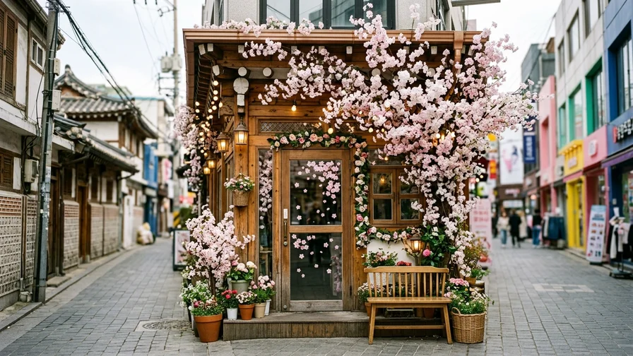 명동 거리, 화려한 시즌 테마로 장식된 팝업 카페의 입구