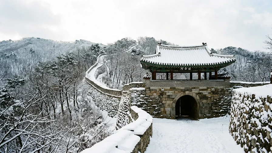 The North Gate of Namhansanseong under snow and the quiet winter scenery of the walls