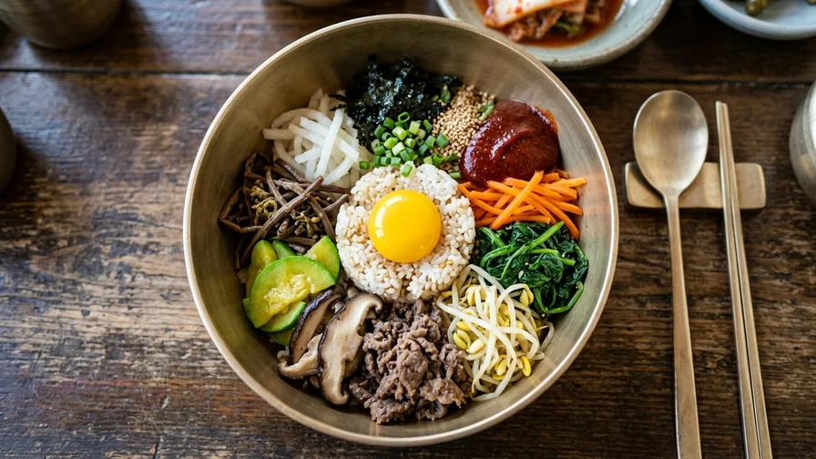 A close-up of Jeonju bibimbap with colorful ingredients neatly arranged in a brassware bowl