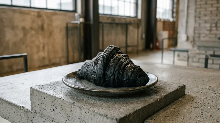A close-up of the black Peak croissant dessert at NUDAKE in Seongsu