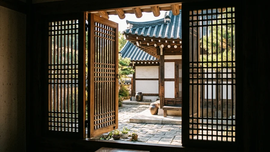 A serene courtyard view seen through the wooden lattice of a hanok cafe