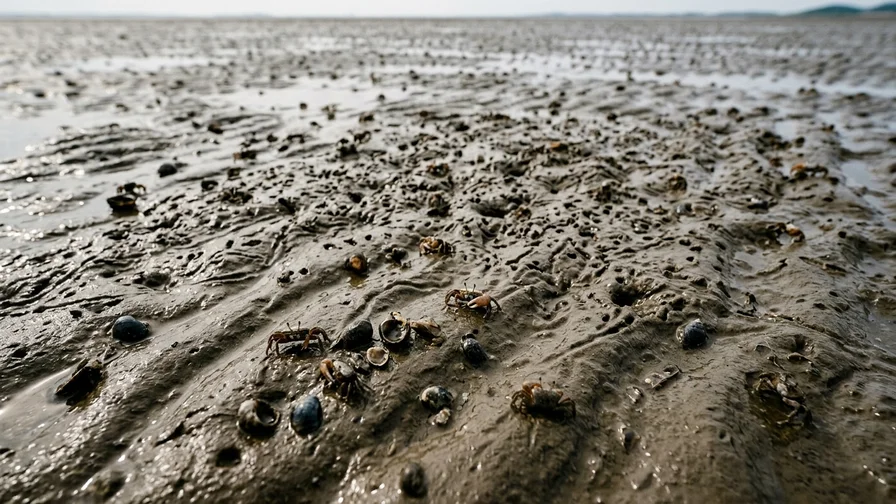 The vivid texture and patterns of the Gochang tidal flat revealed at low tide
