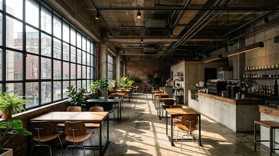 The interior of an industrial-concept cafe in Seongsu-dong with natural light streaming in