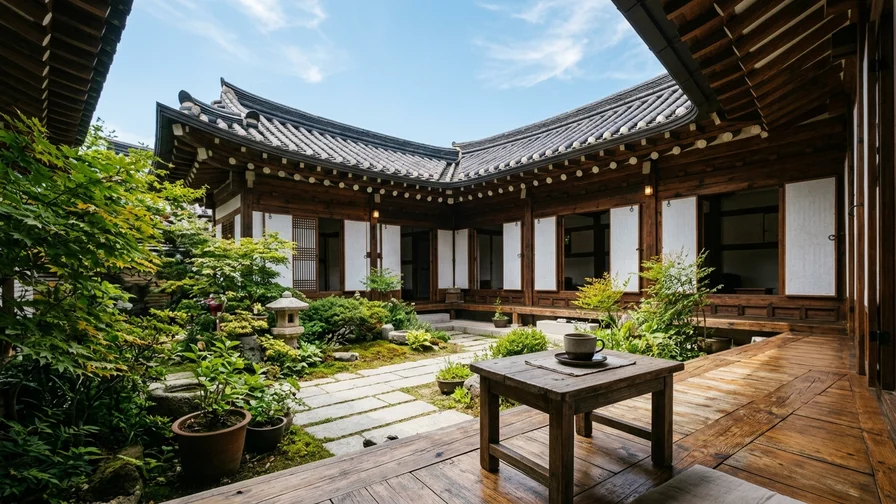 The serene courtyard and beautiful curved eaves of a hanok cafe in Anguk-dong