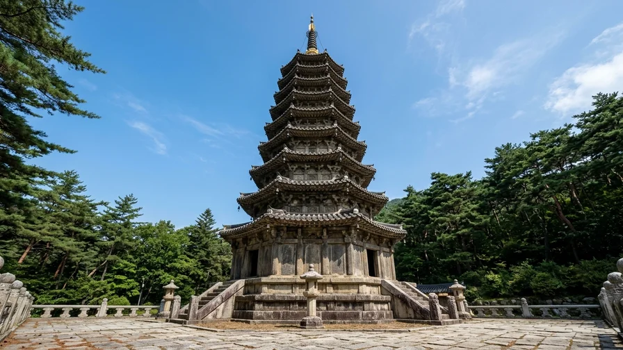 The intricate detail of Woljeongsa's National Treasure Octagonal Nine-Story Stone Pagoda standing majestically under a blue sky