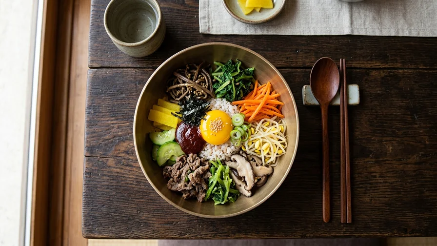 색색의 나물이 정갈하게 올라간 전통 전주 비빔밥 한 그릇