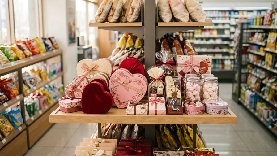 A display decorated with heart-shaped chocolates for Valentine's Day