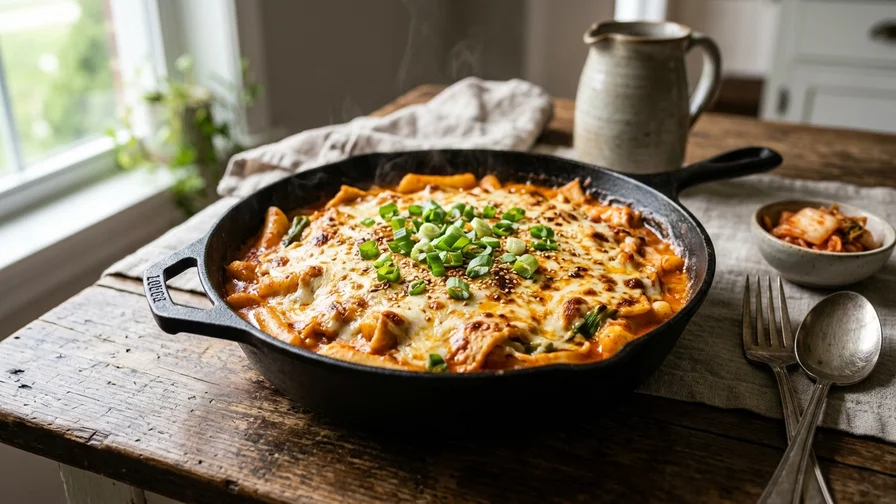 치즈를 얹은 떡볶이 그라탕이 주철 팬에 담겨 있다