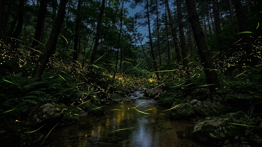 The magical light trails created by fireflies flitting through a dark forest