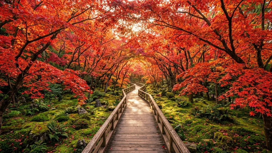 붉은 단풍 터널을 이룬 화담숲 단풍나무숲길 데크