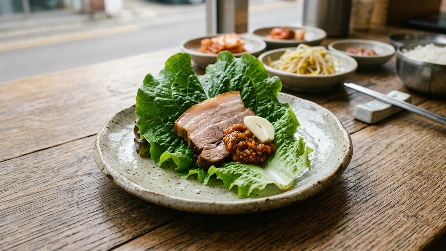 신선한 상추 위에 보쌈 한 점과 마늘 쌈장이 올려진 모습
