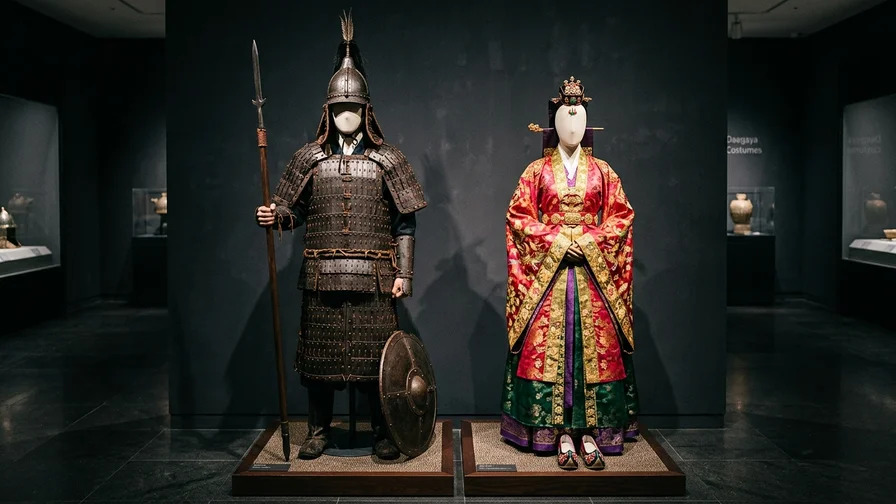 A display of armor and elaborate costumes from the Daegaya era recreated in the museum