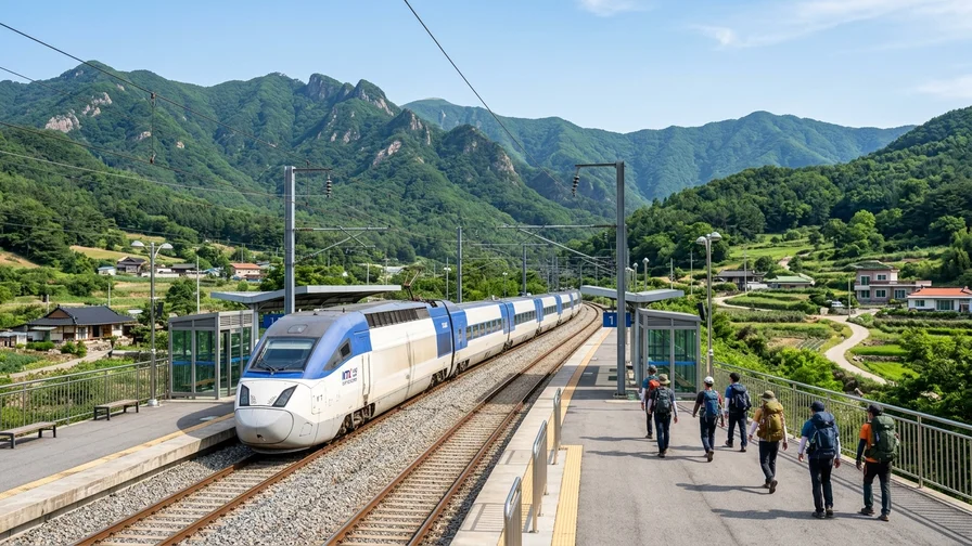 풍기역과 단양역에 정차하는 KTX-이음 기차와 등산객