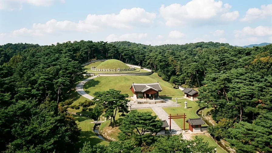 A full panoramic view of a Joseon royal tomb surrounded by green lawns and forest