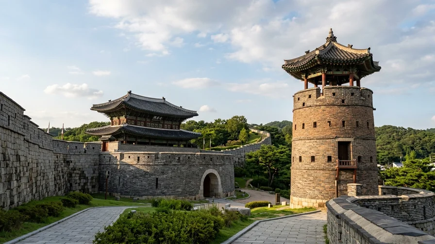 독특한 원형 감시초소 서북공심돈과 함께 서있는 화서문의 모습