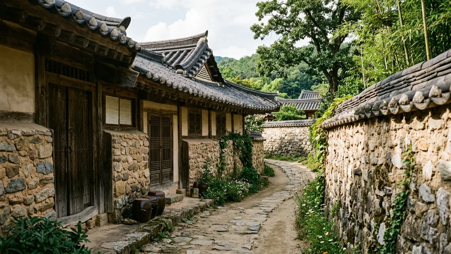 A serene stone-walled alley in a hanok village topped with beautifully curved roof tiles
