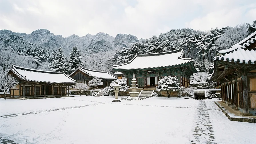 A quiet view of the grounds of Daeheungsa in Haenam under a serene blanket of winter snow