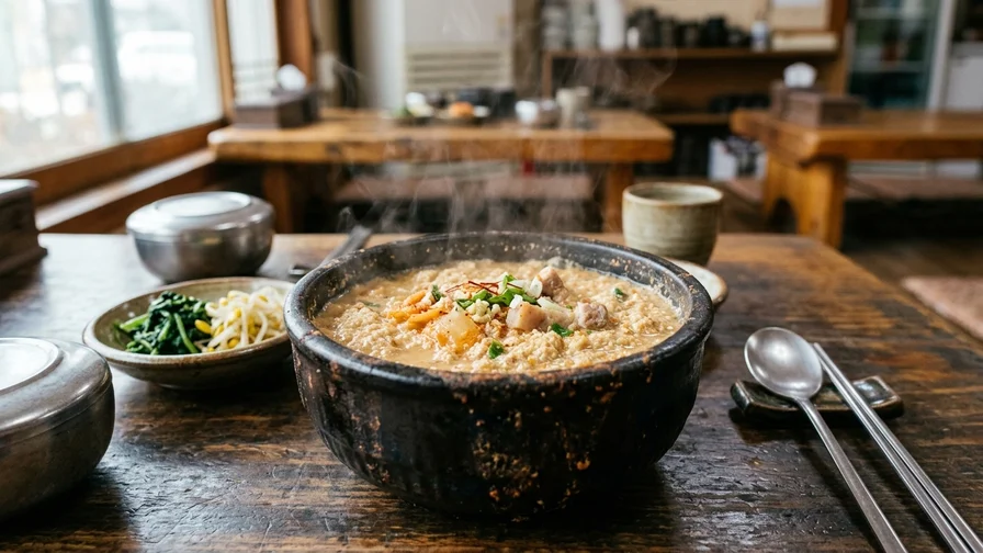 김이 모락모락 나는 뚝배기에 담긴 구수한 콩비지 찌개