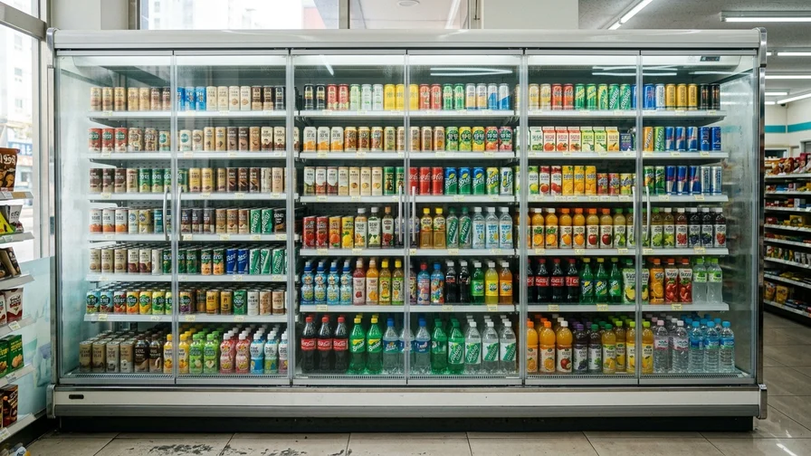 A chilled convenience store drinks fridge packed with a colorful array of canned coffees and beverages