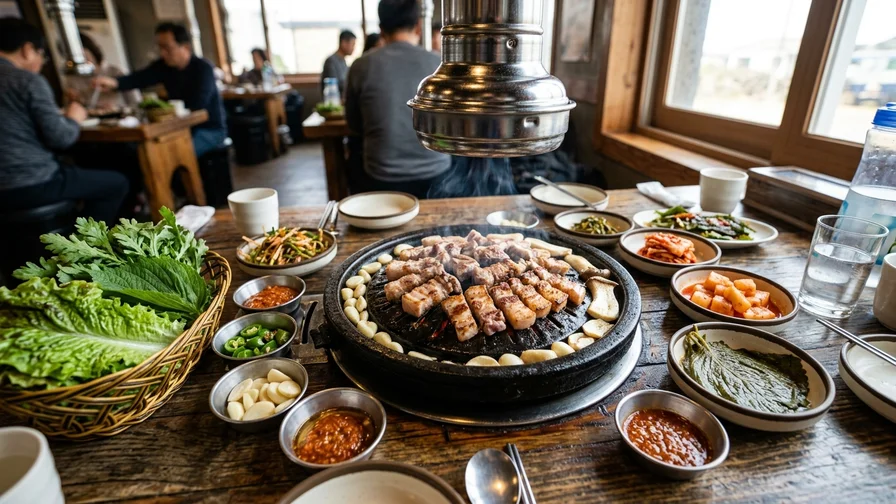 쌈채소와 반찬이 곁들여진 제주 흑돼지 구이 한 상