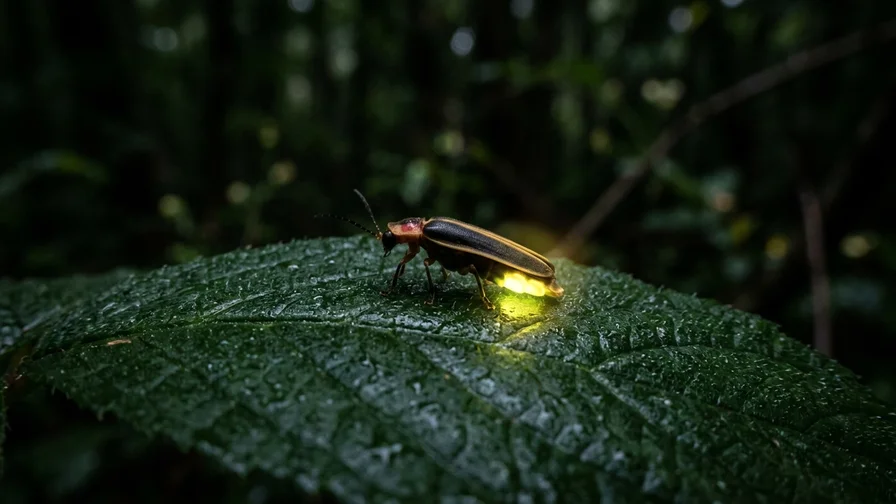 A close-up of a single firefly glowing brilliantly on a leaf