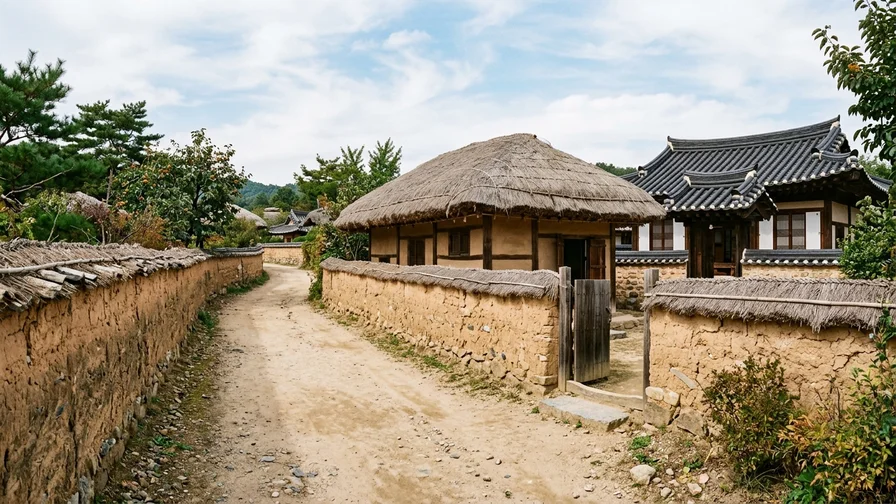 Thatched and tiled houses set along the earthen stone-walled lanes of Andong Hahoe Village
