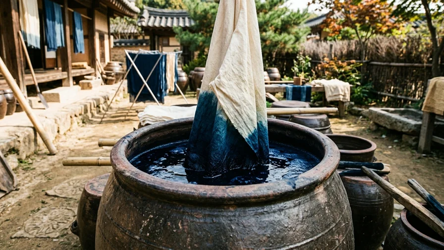 커다란 항아리 속 짙은 남색 쪽 염료에 흰 천이 담겨 물들어가는 과정