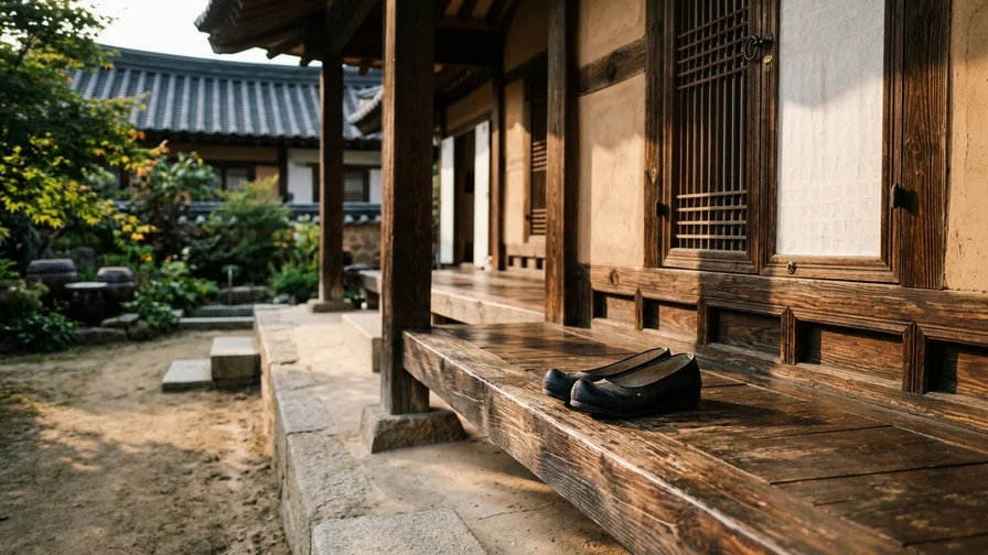 A heartwarming afternoon scene of a hanok side porch with a pair of traditional rubber shoes resting on it