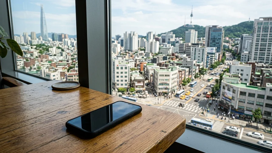 An internet-connected smartphone on a windowsill overlooking the Seoul skyline